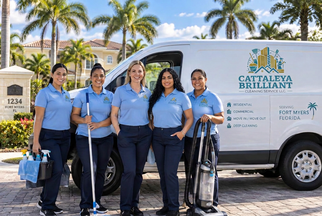 The uniformed Cattaleya Brilliant Cleaning Service team in Fort Myers, Florida, standing in front of their branded company van